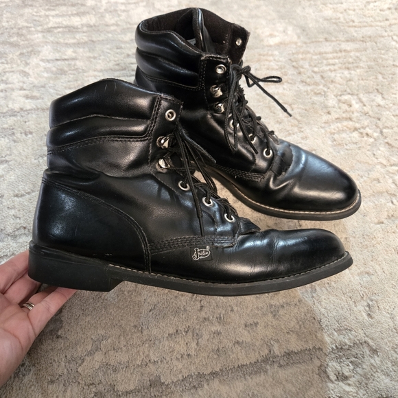 Vintage 90s Justin black lace up combat moto western boots size 9 Western - Picture 1 of 7